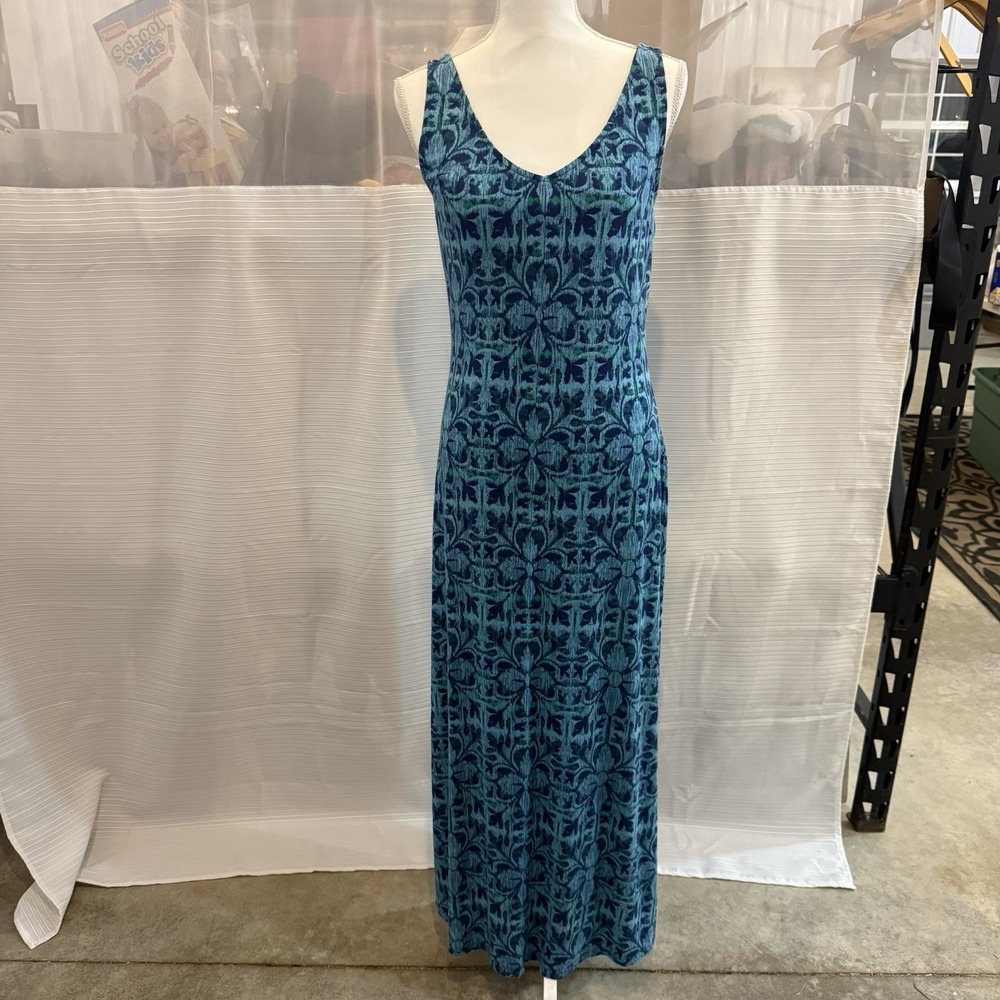 Tommy Bahama XS Linen Blend Maxi‎ Dress Blue Tropical Floral Print A Line Swing